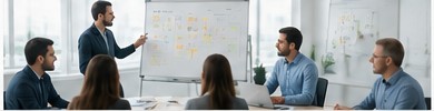 Product team collaborating around a planning board